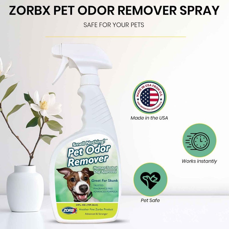 ZORBX Unscented Pet Odor Remover Spray 24 FL Oz â€“ Perfume Free Strong Litter Odor Remover - Advanced Odor Control for Carpet, Bathroom & Urine Odors - Fast Acting Odor Remover Spray for Dogs & Cats - Image 2